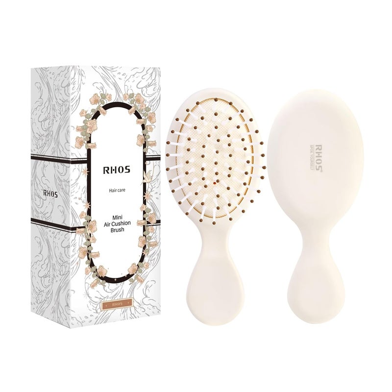 RHOS Mini Hair Brush for Women,Men and Kids-Travel Size Hair Brush for Purse,Pocket,backpack-Small Cushion Paddle Brush with Soft Bristles-Mini Detangler Brush for All Hair Types(1 Pack-Beige) - Image 1
